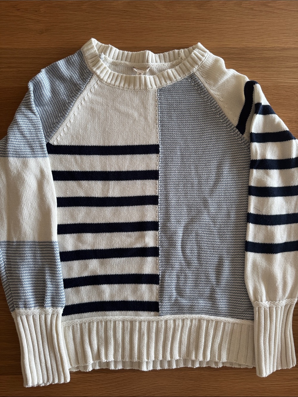 Hem & Thread Cream, Navy & Light Gray Patchwork Crewneck Sweater